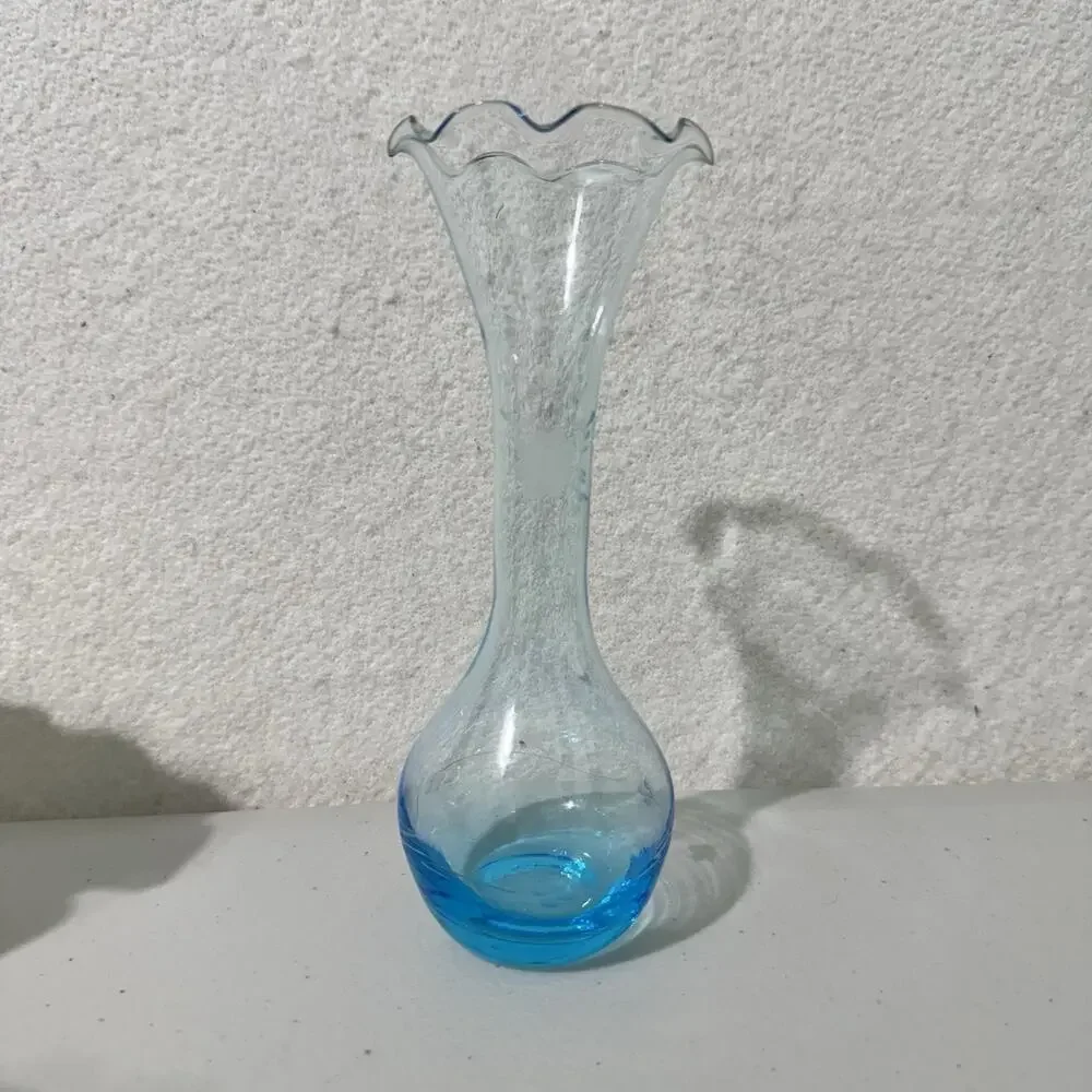 Handblown Blue Turquoise Glass Bud Vase Etched Flower Ruffled Edge Rounded Base
